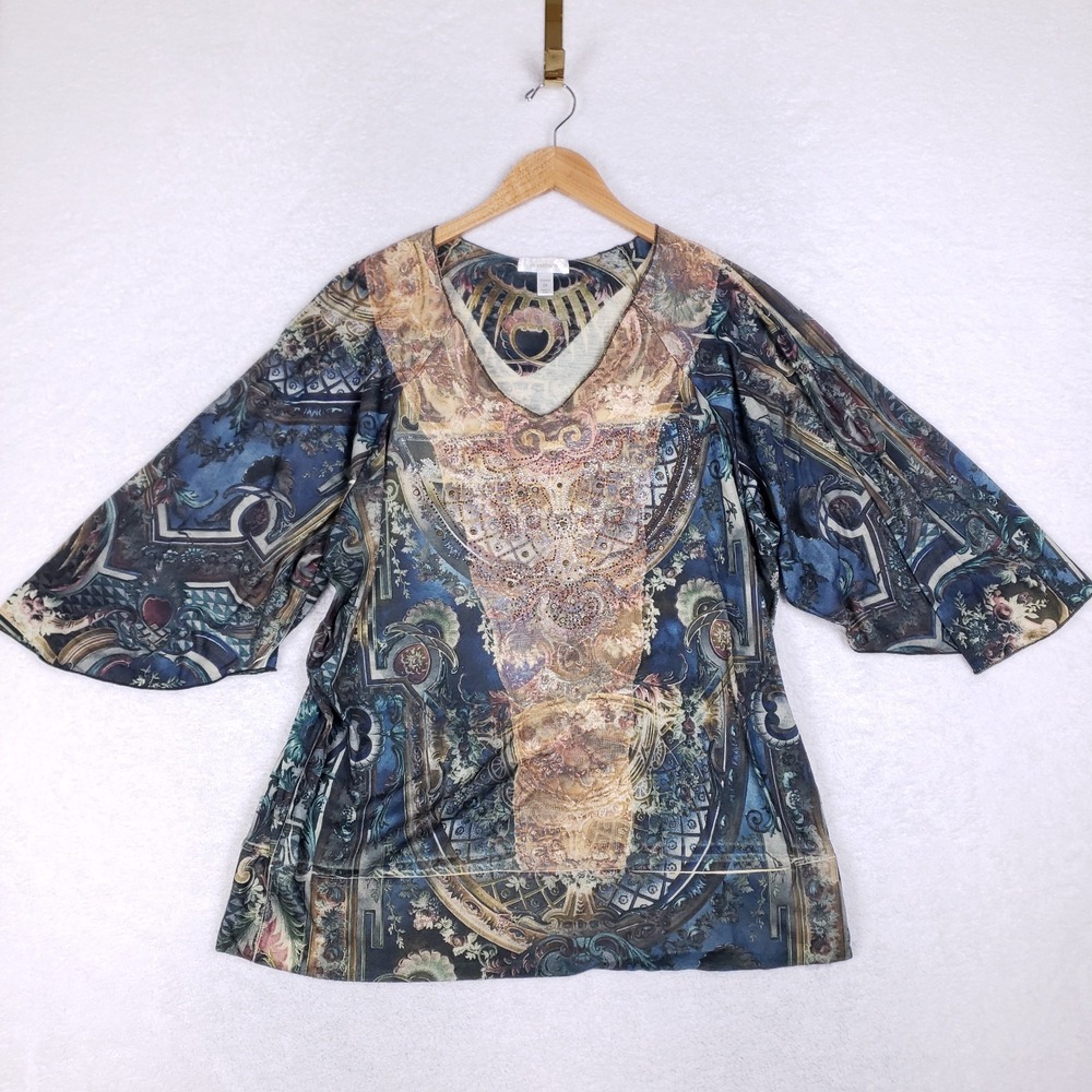 Dressbarn Multicolor Boho Baroque Print V-Neck Blouse Size 2X Flowy Top